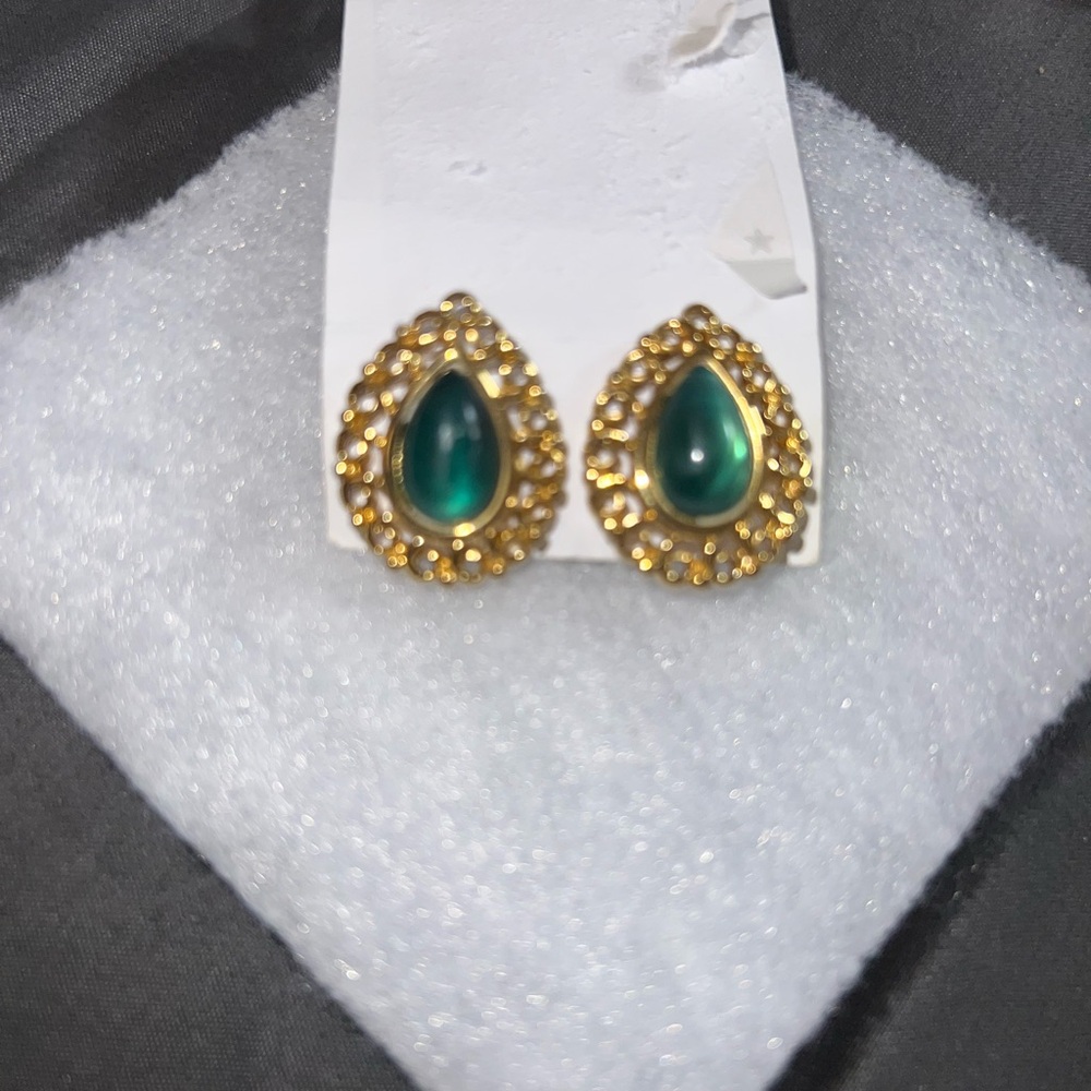 Trifari Gold tone Teardrop Earrings with Green
